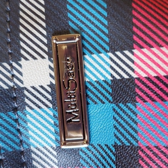 Multi Sac colorful plaid and navy backpack 9 pockets approx 12 X 11 - Picture 2 of 12